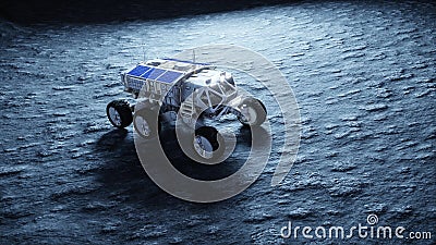 Moon rover on the moon. space expedition. Earth background. 3d rendering. Stock Photo