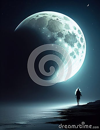 The Moon's Serenade: A Peaceful Walk by the Sea Stock Photo