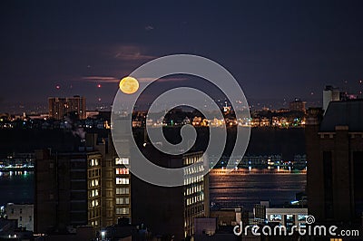 Moon setting in New York Stock Photo