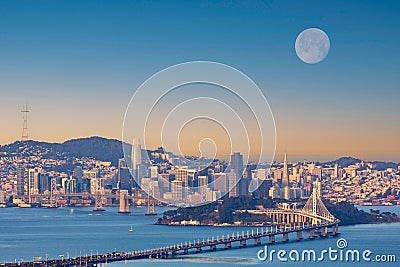 Moon setting over San Francisco Editorial Stock Photo