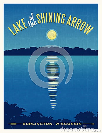 Moon shining reflection on lake travel poster Vector Illustration