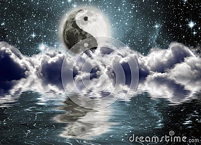 Moon with a sign of yin and yang Stock Photo