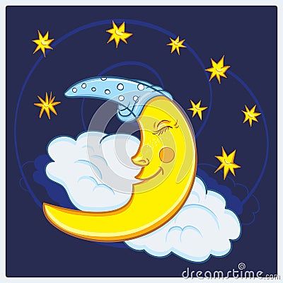 Moon sleeping with stars in the night sky Vector Illustration