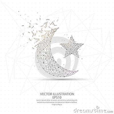 Moon and star digitally drawn low poly wire frame. Vector Illustration