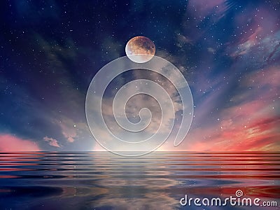 Moon and star Galaxy night starry sky at sea water lilac pink sunset sky stars summer sea dark blue water reflection moonlight Stock Photo