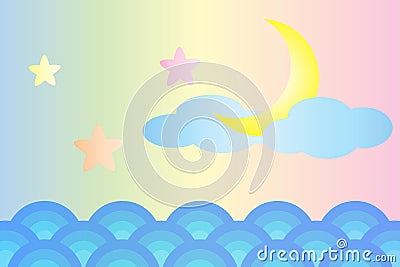 Moon and star over the sea (Pastel color style) Vector Illustration