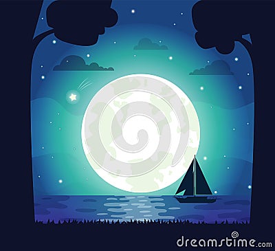 Moon and Stars Silhouette Vector Illustration Vector Illustration