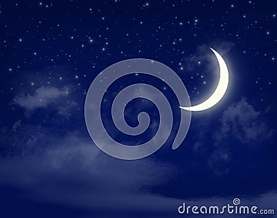 Moon and stars in a cloudy night blue sky Stock Photo