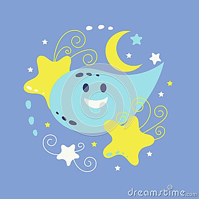 Moon and stars, cute doodle Cartoon Illustration