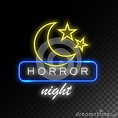 Moon and stars neon sign. Horror night. Vector Illustration