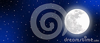 Vector Bright Full Moon and Twinkle Stars in Dark Blue Night Sky Banner Stock Photo