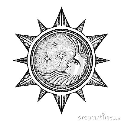 Moon With Stars - Vector Illustration Stylized as Engraving Vector Illustration