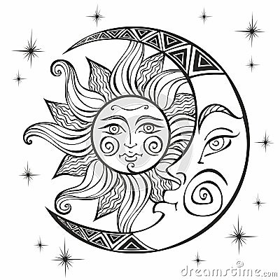 The moon and the sun. Ancient astrological symbol. Engraving. Boho Style. Ethnic. The symbol of the zodiac. Mystical. Coloring. Stock Photo