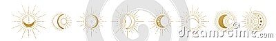 Moon and sun vector logo. Gold line mystic symbol in minimal flat linear style. Magic boho illustrations Vector Illustration