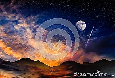 Moon sunrise clouds Stock Photo