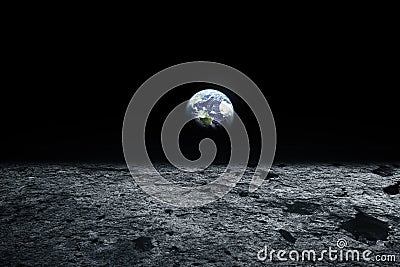 Moon surface and Earth on the horizon. Space art fantasy. Black Stock Photo