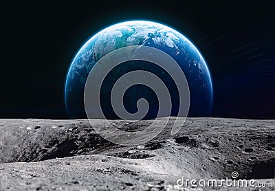 Moon surface and Earth planet in outer space. Exploration of Solar system. Artemis space program. Stock Photo