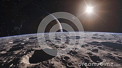 Moon Surface With Earth Rising In Background. Human Space Flight and Science Fiction. AI Generated Stock Photo