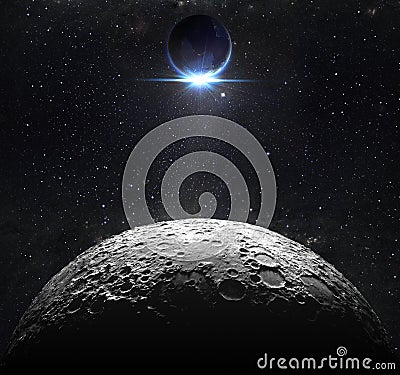 Moon surface with view sunrise of the earth Stock Photo