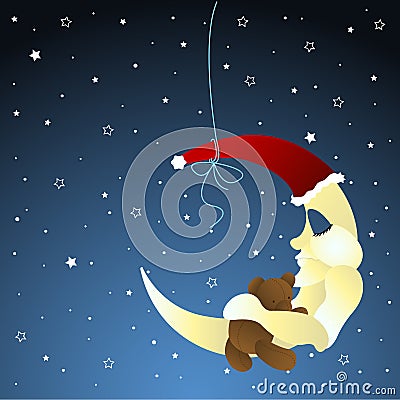 Moon and teddy, baby greeting card Vector Illustration