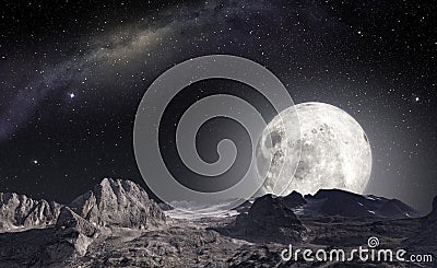 Moon viewed from the surface of an alien planet Cartoon Illustration