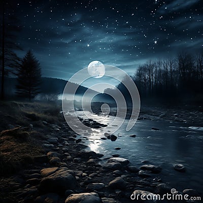 moonbeam in river landscape Stock Photo