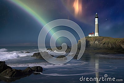 moonbow over a coastal scene with lighthouse and crashing waves Stock Photo