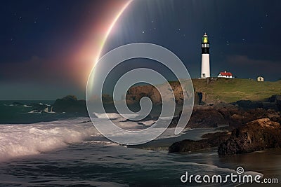 moonbow over a coastal scene with lighthouse and crashing waves Stock Photo