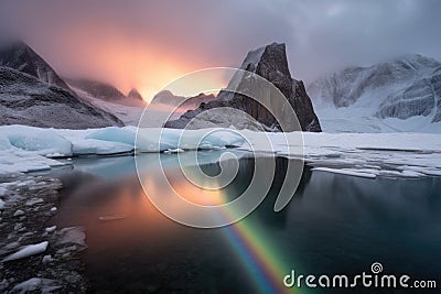 moonbow over an icy glacier, contrasting the coldness with the warm colors of the bow Stock Photo