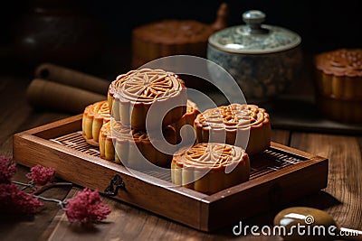 Mooncakes on the wooden background. Generative ai Stock Photo