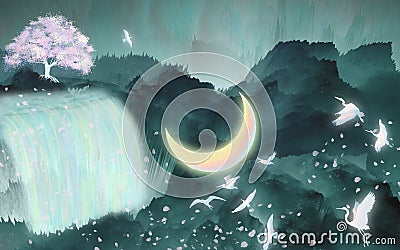 Birds fly under the moon river illustration package Stock Photo