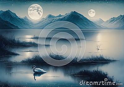 Moonlight Lake with Swans, oil-paint effect, Generative AI Illustration Stock Photo