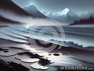 Moonlight Lake with Swans, oil-paint effect, Generative AI Illustration Stock Photo