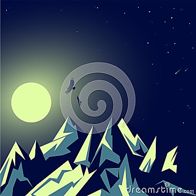 Moonlight, the moon. Rocky emerald mountains. Night landscape. Flickering stars. Eagles in flight. Tourism and wild nature. Vector Vector Illustration