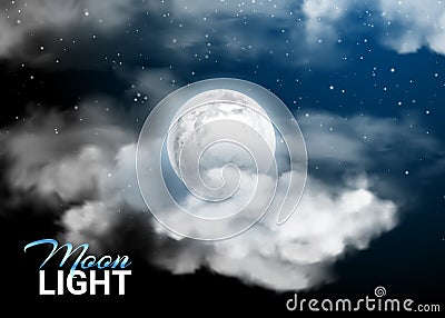 Moonlight night Full Moon. Mystical sky Realistic clouds. and stars. Vector Illustration