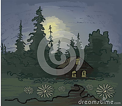 Moonlight night. Hand draw Vector Illustration