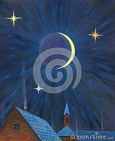 Moonlight night over the village. Oil painting. Stock Photo