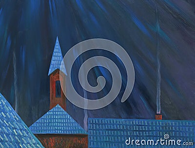 Moonlight night over the village. Oil painting. Stock Photo