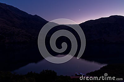 Moonlight over the Kournas lake, island of Crete Stock Photo