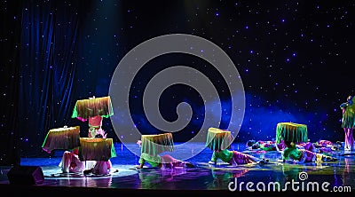 Moonlight over the lotus pond-Silk fan-China ethnic dance Editorial Stock Photo