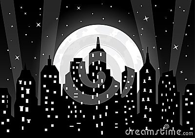 Moonlight over night city Cartoon Illustration