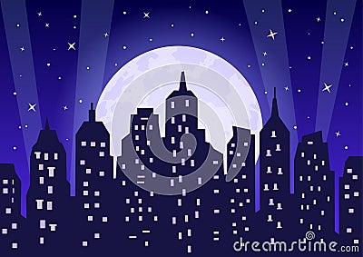 Moonlight over night city illustration Cartoon Illustration