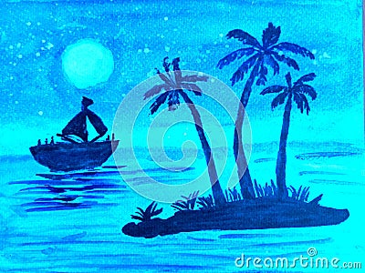 Moonlight,shi and palm trees painting Stock Photo
