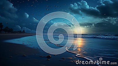 A moonlit beach blending with a flock of migrating birds Stock Photo