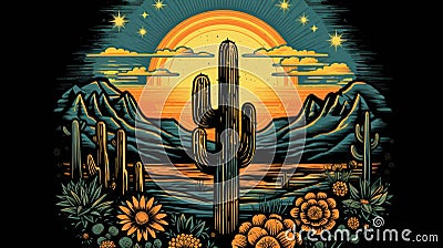 Moonlit desert with cacti silhouettes retro wave style illustration with nostalgic motifs Cartoon Illustration