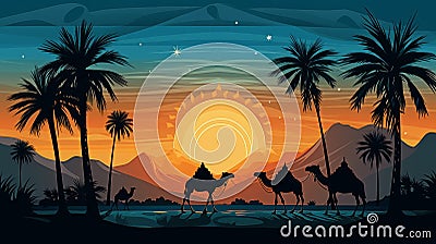 Moonlit desert with camels stunning banner of serene desert landscape under the moonlight Cartoon Illustration
