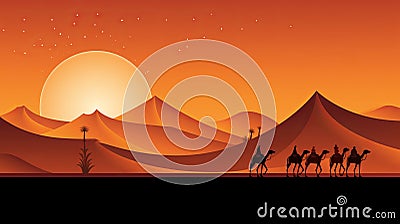 Moonlit desert scene with camels stunning banner showcasing the beauty of the desert landscape Cartoon Illustration