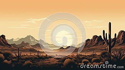 Moonlit desert with silhouetted cacti retro wave style illustration with nostalgic flair Cartoon Illustration