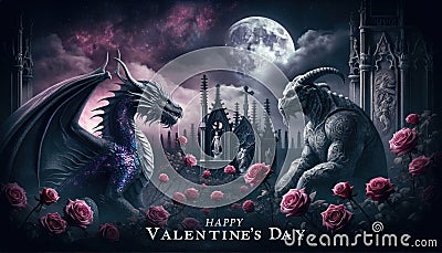 Moonlit Fantasy Scene with Dragon and Demonic Creature Stock Photo