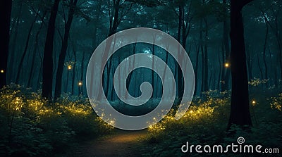 A moonlit forest with fireflies dancing around the trees Stock Photo